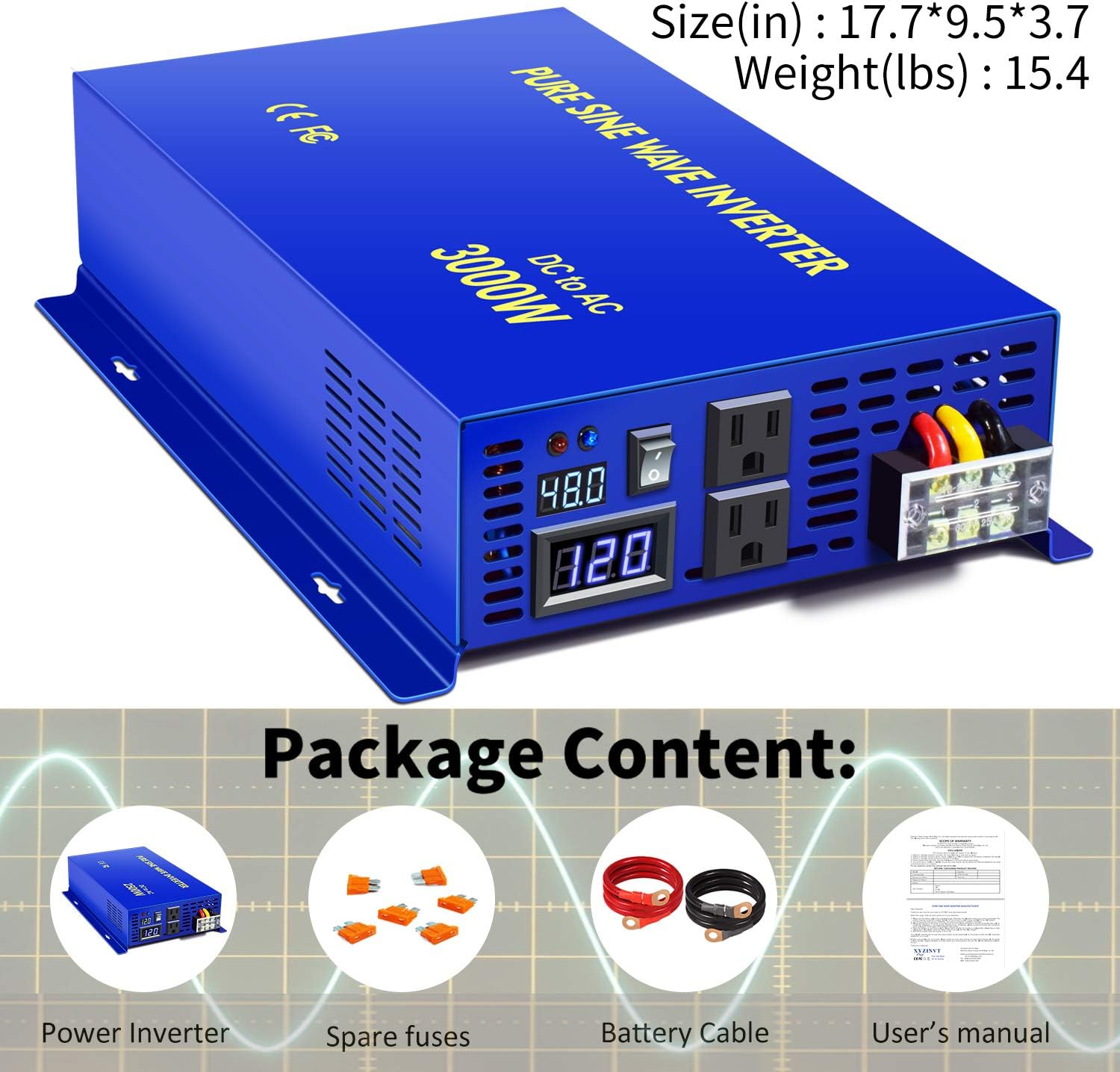 XYZ INVT 2500W Pure Sine Wave Inverter 24v to 110V 120V AC with Wireless Remote Switch, 5000 watt Surge, Power Inverter for Truck, RV Car Camping, Solar System, Grid Off.