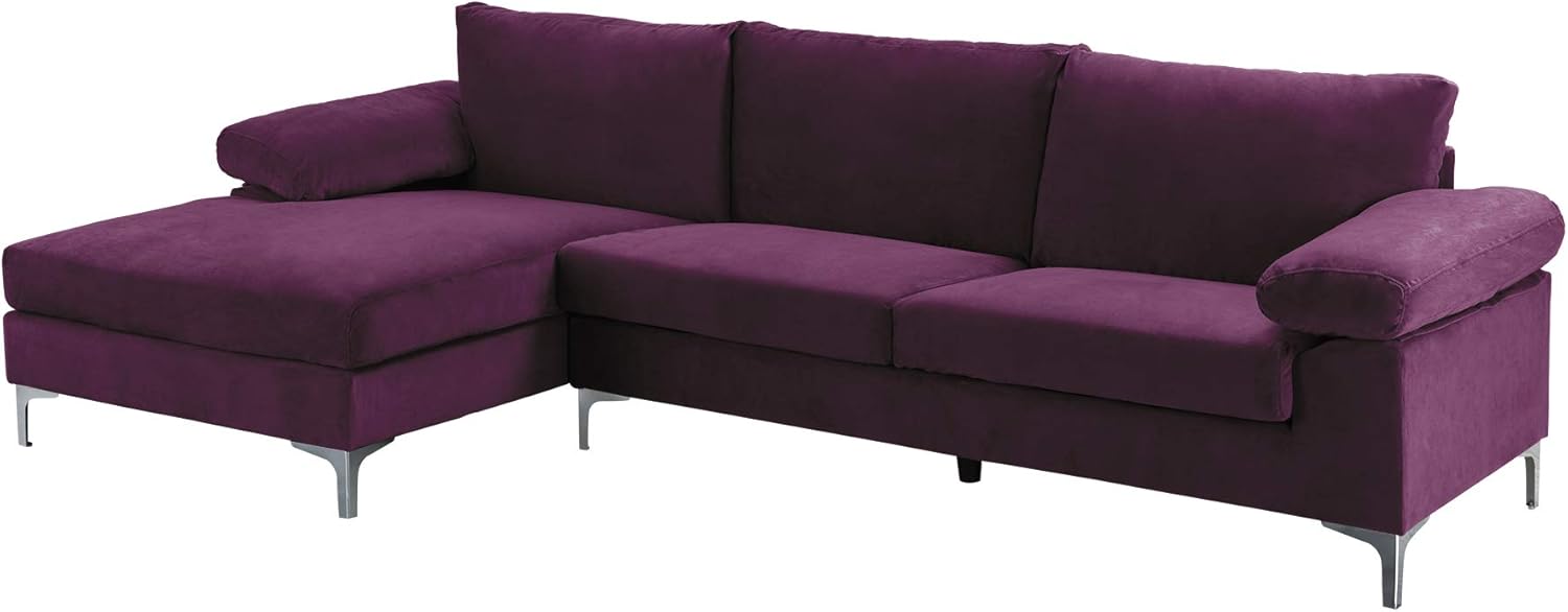 Casa Andrea Milano Modern Large Velvet L-Shape Sectional Sofa, with Extra Wide Chaise Lounge Couch, 51"D x 101"W x 31"Hc, Purple
