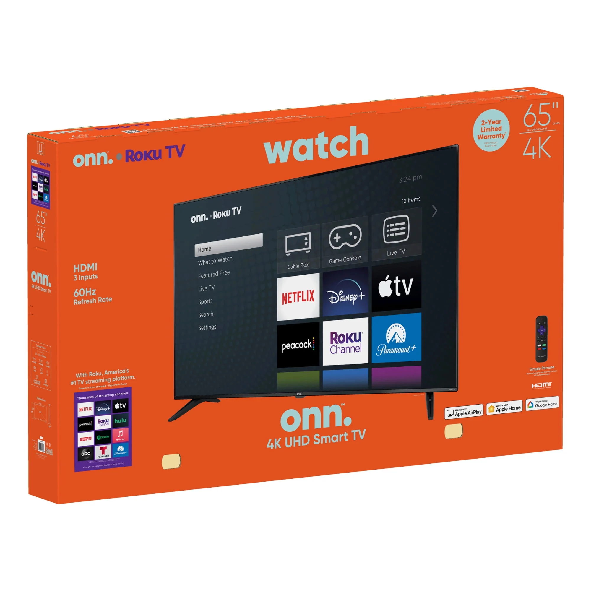 onn. 65” Class 4K UHD (2160P) LED Roku Smart Television HDR (100012587)