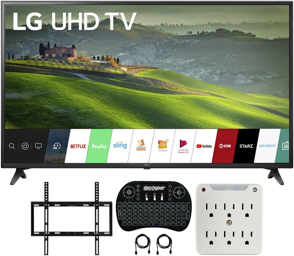 LG 49UM6900 49-inch HDR 4K UHD Smart IPS LED TV Bundle with Deco Mount Flat Wall Mount Kit, Deco Gear Wireless Backlit Keyboard and 6-Outlet Surge Adapter with Night Light