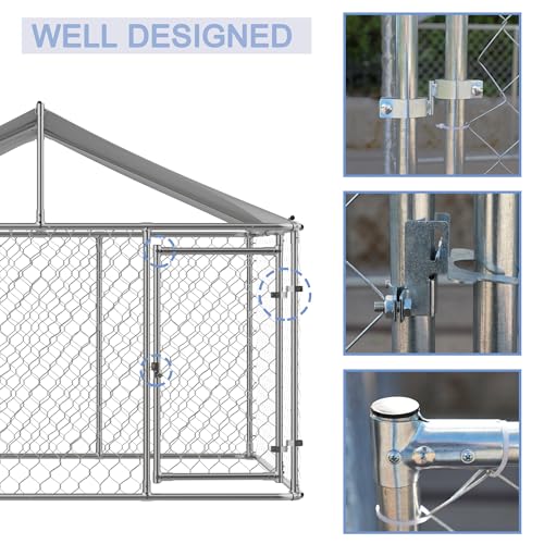 13.1x13.1x7.6 FT Outdoor Dog Kennel, Large Heavy Duty Galvanized Steel Dog Cage with Waterproof Cover, Dog Fence House w/Secure Lock, Anti Rust Dog Enclosure Playpen for Backyard, Silver