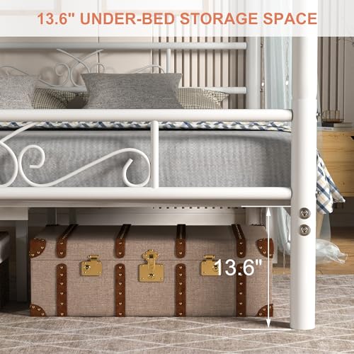 Queen Size Metal Canopy Bed Frame, Four-Poster Canopied Platform Bed Frame with Headboard and Footboard, Sturdy Metal Slatted Structure, No Box Spring Needed, Easy Assembly, White