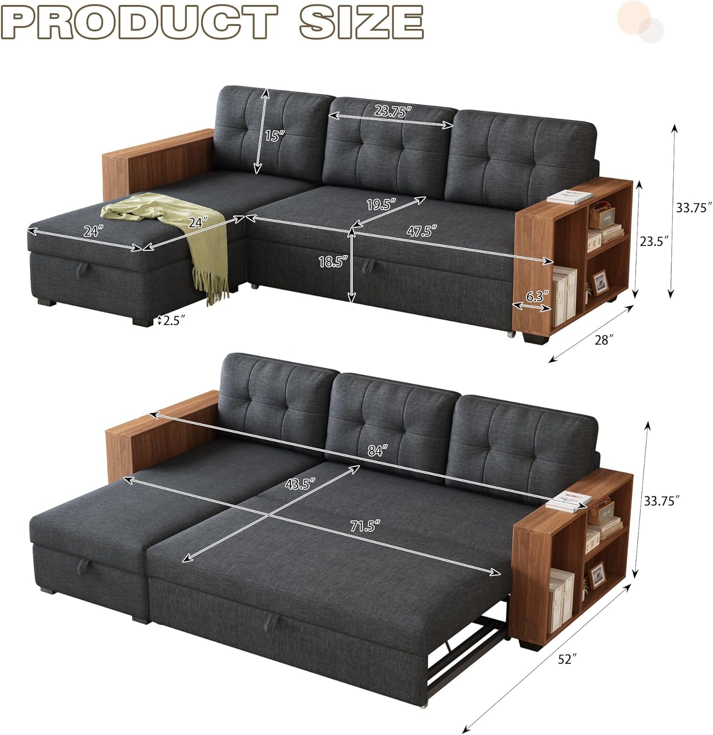 84" Pull Out Sectional Couch with Storage Chaise,L-Shape Upholstered Reversible Sofa Bed W/Hidden Wood Shelf Armrests,Linen Corner Sleeper for LivingRoom Office Apartment,Dark Grey