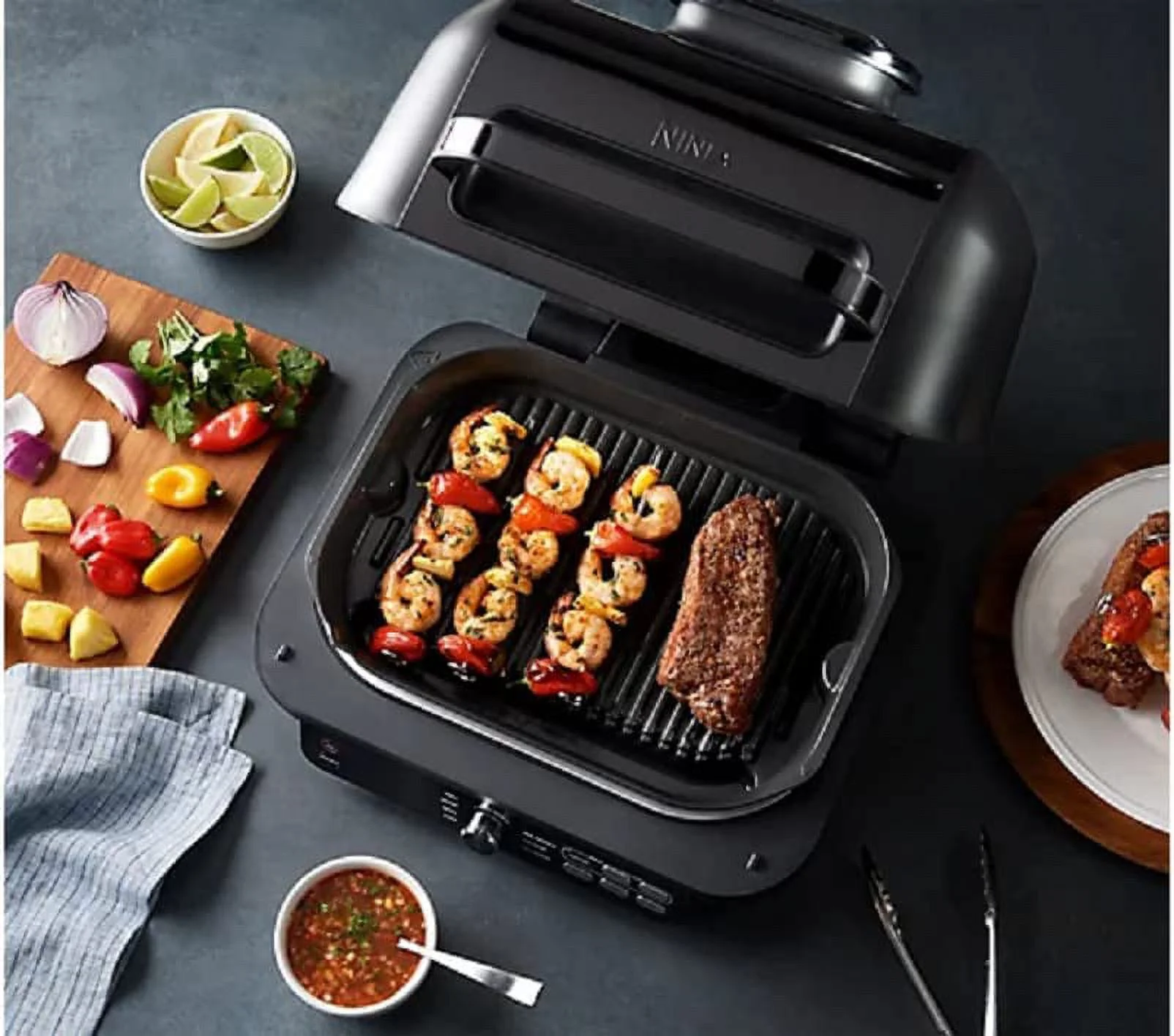 Ninja IG651 QCM Foodi Smart XL Pro 7-in-1 Indoor Grill/Griddle Combo, use Opened or Closed, with Griddle, Air Fry Smart Thermometer, CINNEMON (Refurbished)