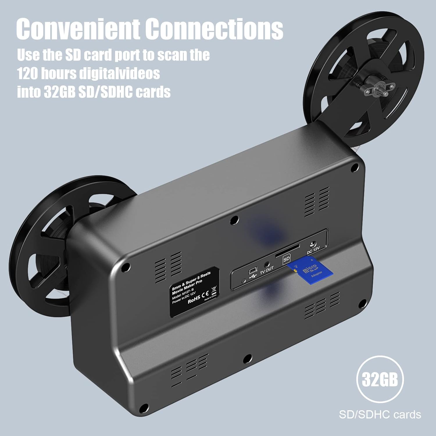 8mm & Super 8 Reels to Digital Film Scanner Converter, Film Digitizer with 2.4 Screen, Convert 3” 4” 5” 7” 9” Reels View Frame by Frame into 1080P Digital MP4 Files,Sharing & Saving on 32GB SD Card