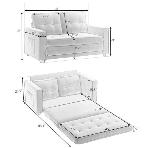 3 in 1 Upholstered Futon Sofa Convertible Floor Sofa bed, Foldable Tufted Loveseat with Pull Out Sleeper Couch Bed, Folding Mattres Love Seat Daybed W/Side Pockets for Living Room (Dark Grey)
