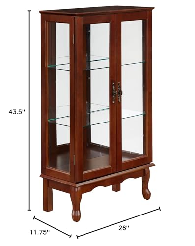 Living Room Display Country Tuscan Wall Curio Display and Storage Cabinet,Cabinet with Adjustable Shelves and Mirrored Back Panel, Tempered Glass Doors(3Tier)(E26 Light Bulb not Included) (Walnut)