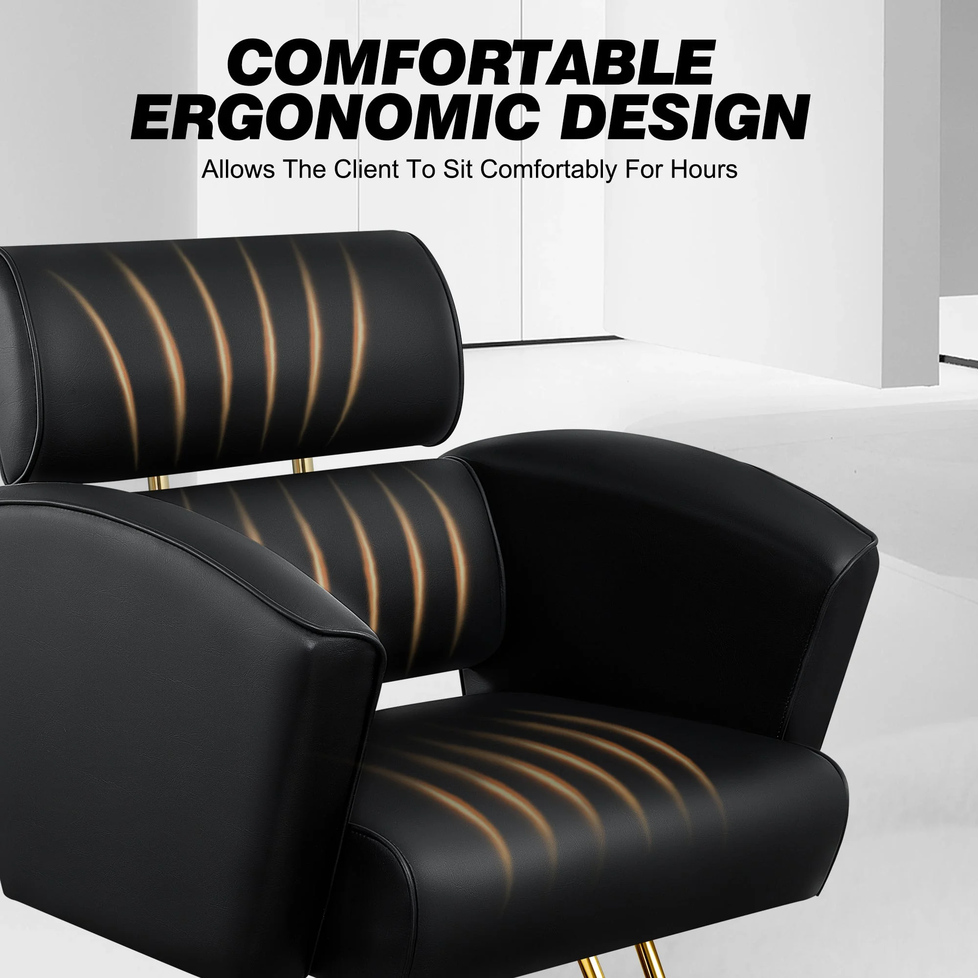 Baasha Luxury Gold Salon Chair - Sleek and Modern Hair Chair with Black Stain-Resistant Leather Upholstery, Adjustable Height, and Heavy-Duty Base - Comfortable Hair Salon Chair for Hair Stylist