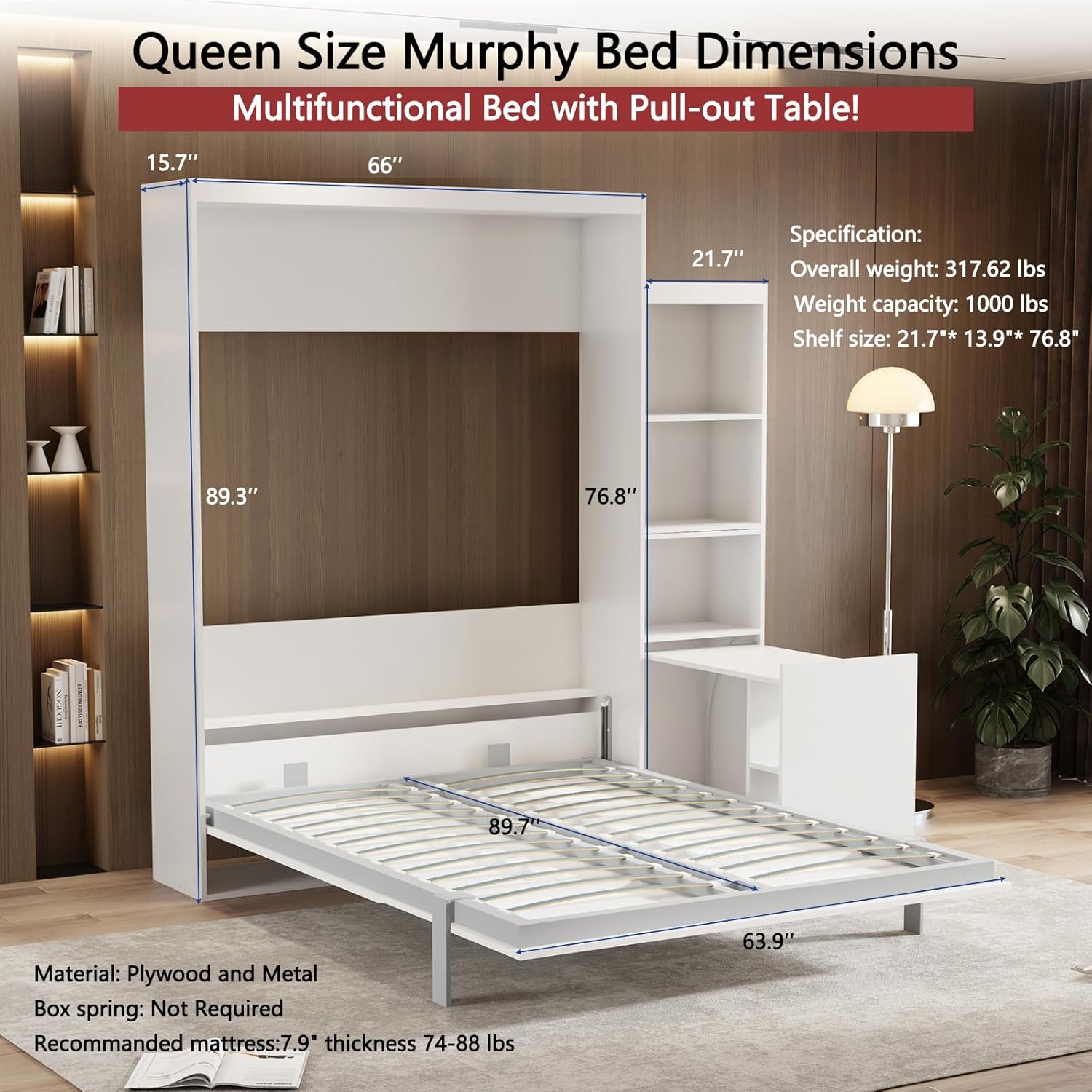 Queen Size Vertical Murphy Bed with Desk, Shelf and Drawers, Modern Folding Hidden Bed Gas Struts, Wall Bed for Bedroom or Guestroom, White