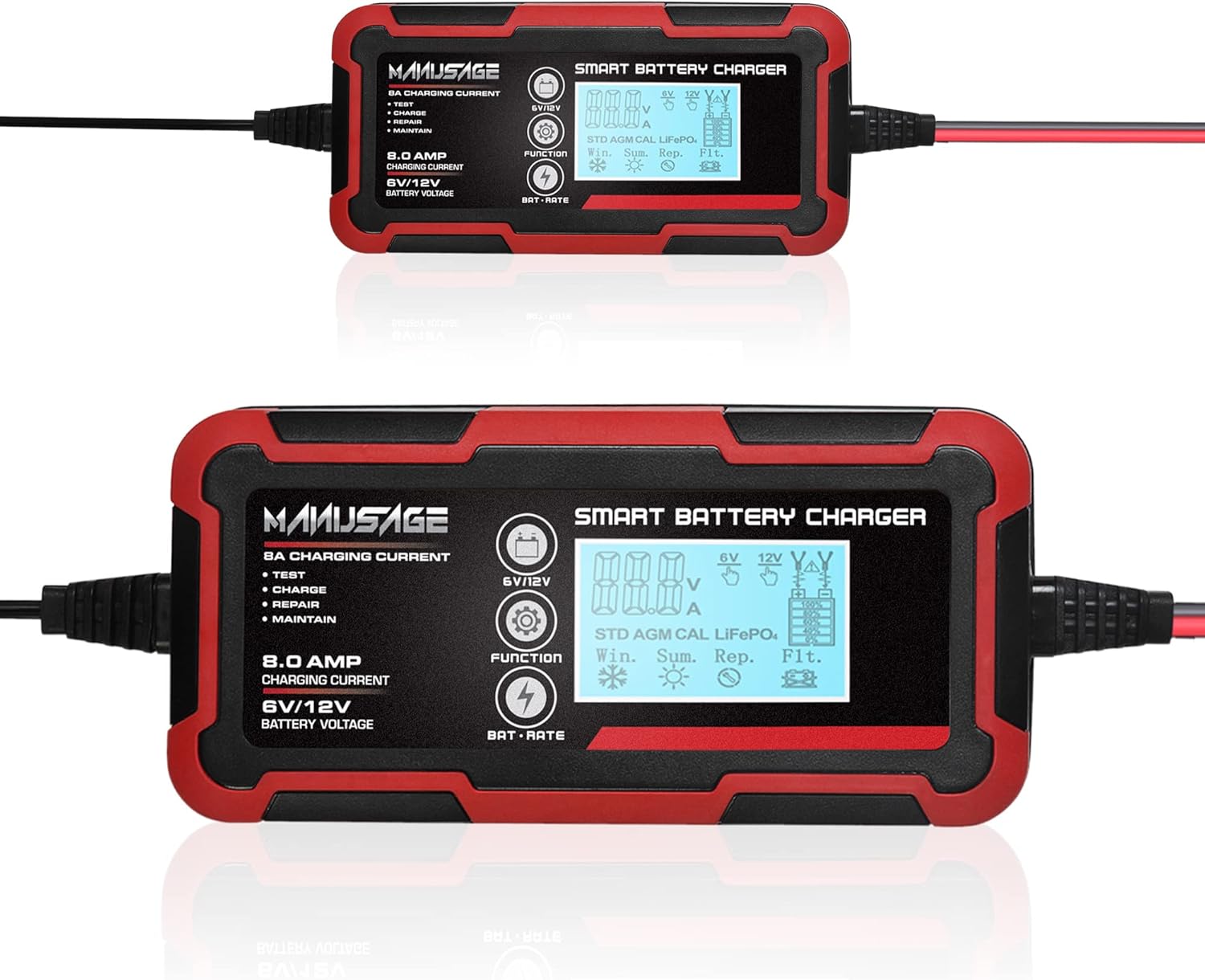 Manusage 8-Amp Fully-Automatic Smart Charger, 6V and 12V Portable Battery Charger, Battery Maintainer, Trickle Charger, and Battery Desulfator with Temperature Compensation