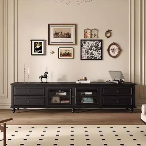 Television Stands American retro high-end black solid wood TV cabinet bedroom living room home light luxury high style floor-standing TV cabinet TV Stand(200X40X55CM)