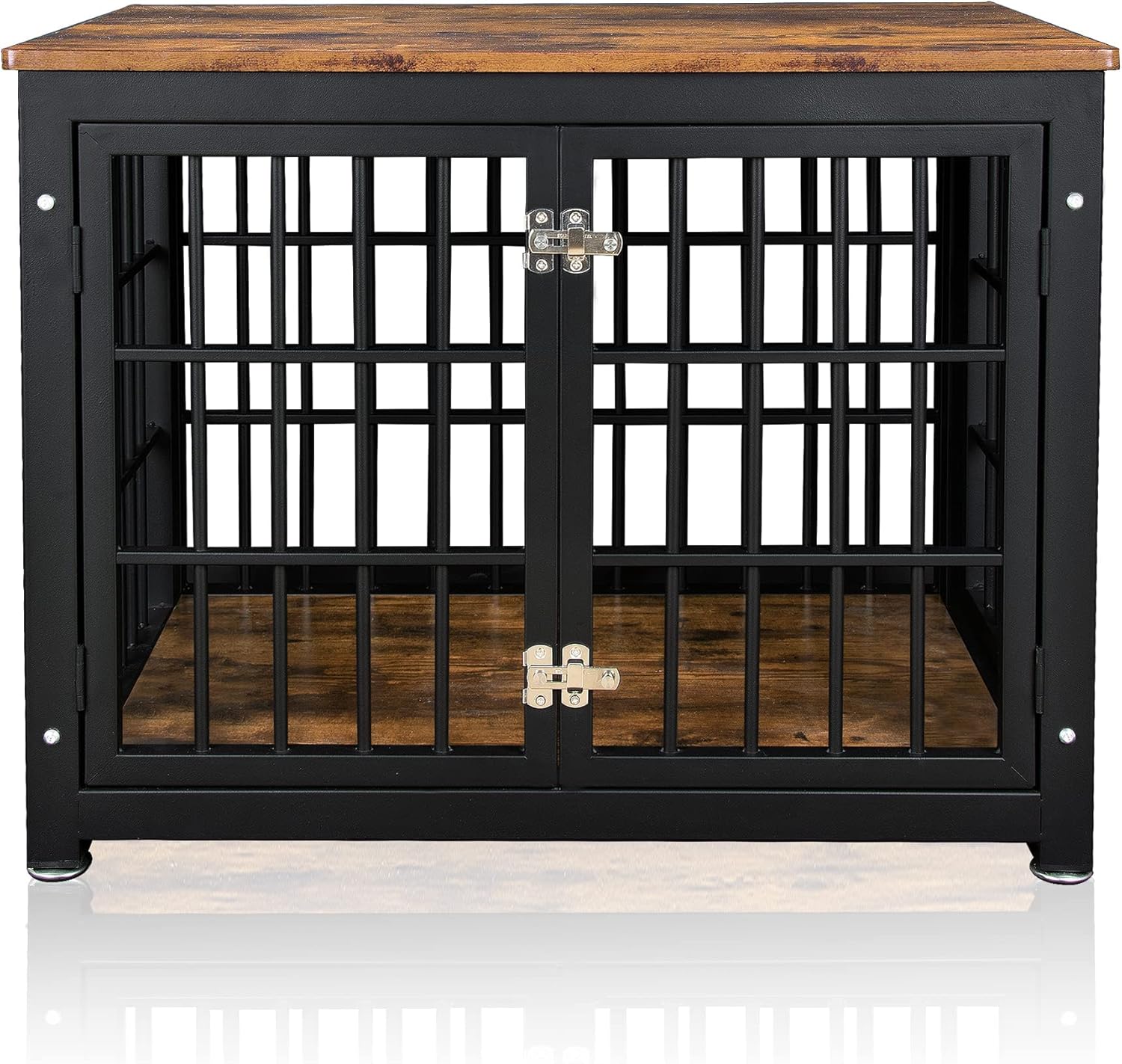 TADASA 32'' Wood Dog Crate Furniture, Decorative Small to Medium Dog Kennel with Double Doors, Wooden Indoor Heavy Duty Dog Cage End Table with Leg Levelers, Rustic Brown and Black