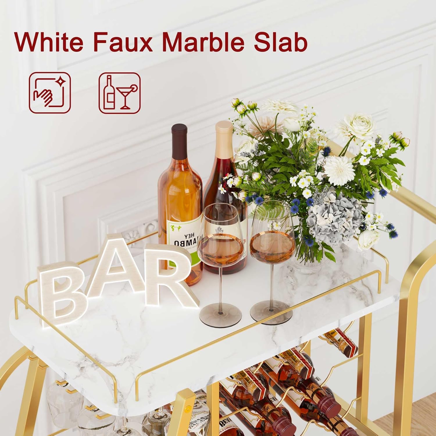 Industrial 3 Tier Mobile Gold Bar Cart with Wine Rack Freestanding Floor with Glass Holders and Hooks, Coffee Bar Cabinet with Storage with Wood and Metal Beverage Cart (Gold & Walnut Brown)