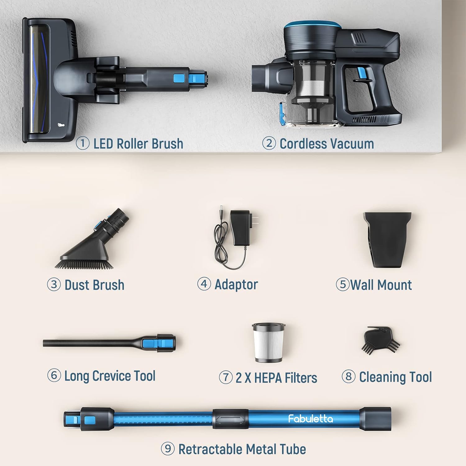 Fabuletta Cordless Stick Vacuum Cleaner, 24Kpa 250W Strong Suction, 6-in-1 Rechargeable Vacuum Cordless, 45 Min Max Runtime LED Display, Lightweight Carpet Hard Floor Vacuum for Pet Hair Home Car,Blue