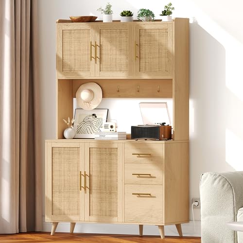 Rovaurx 70.9" Kitchen Pantry Cabinet with Microwave Shelf, Rattan Kitchen Hutch Cabinet with Charging Station, Tall Floor Cupboard Cabinet with Drawers and Doors, Black and Natural KBG002BME