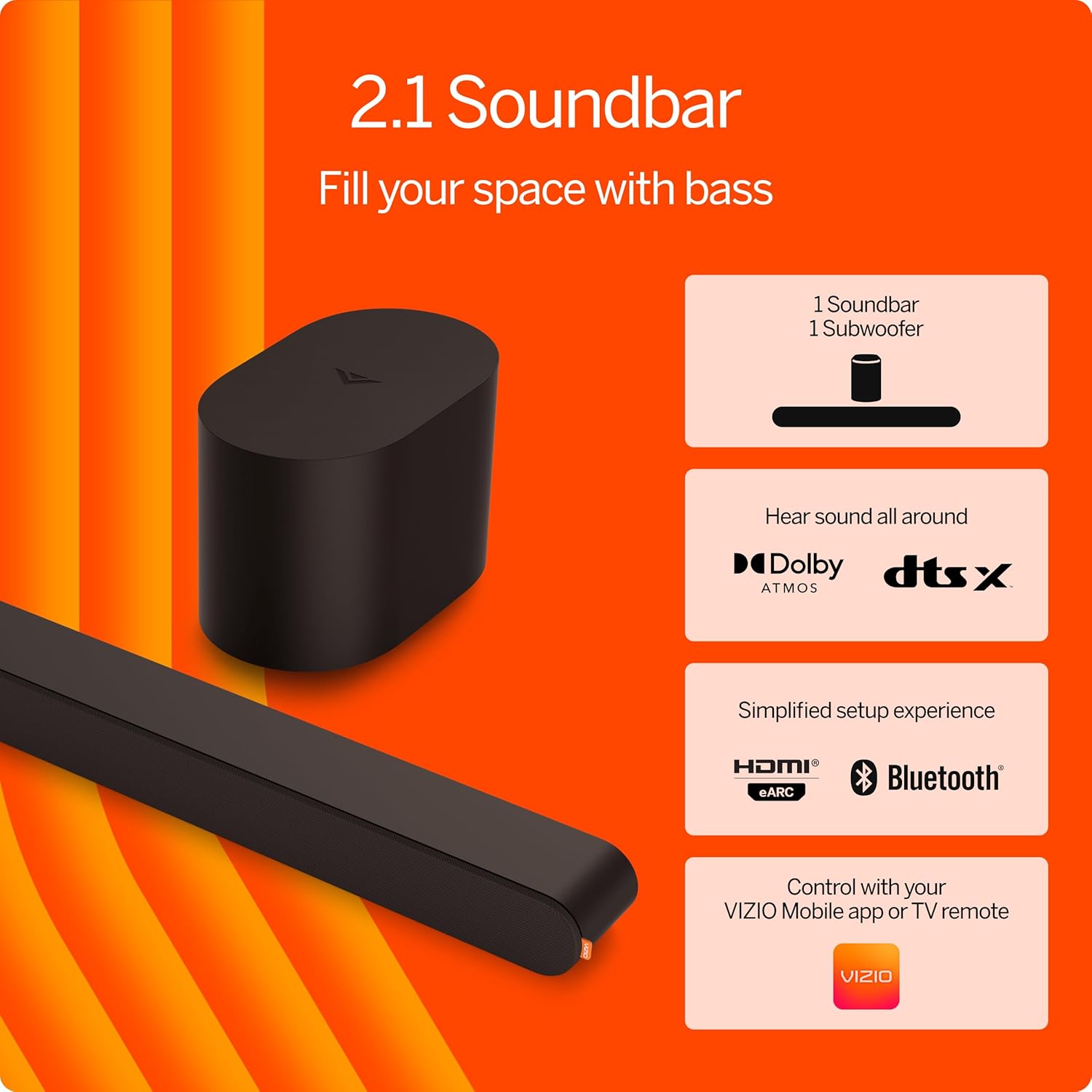 VIZIO 2.1 Soundbar, Wireless Subwoofer w/Dolby Atmos, DTS:X, Bluetooth – SV210M-0808 (New, 2024 Model)