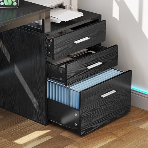 DWVO L Shaped Desk with Power Outlets & LED Lights, 65" Computer Desk with Drawers, Corner Desk Office Desk with File Cabinet & Printer Stand, Black
