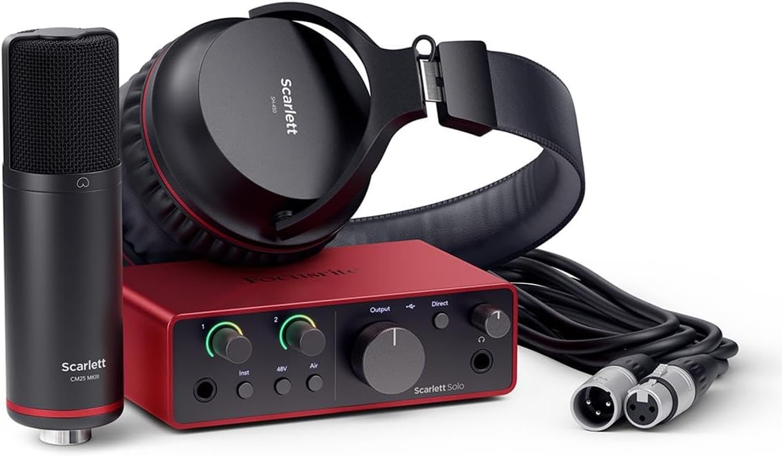 Focusrite Scarlett Solo Studio 4th Gen USB Audio Interface with Software Suite, Bundle, Broadcast Arm With Internal Springs & Pop Filter, Includes, CM25 condenser microphone, SH-450 headphones