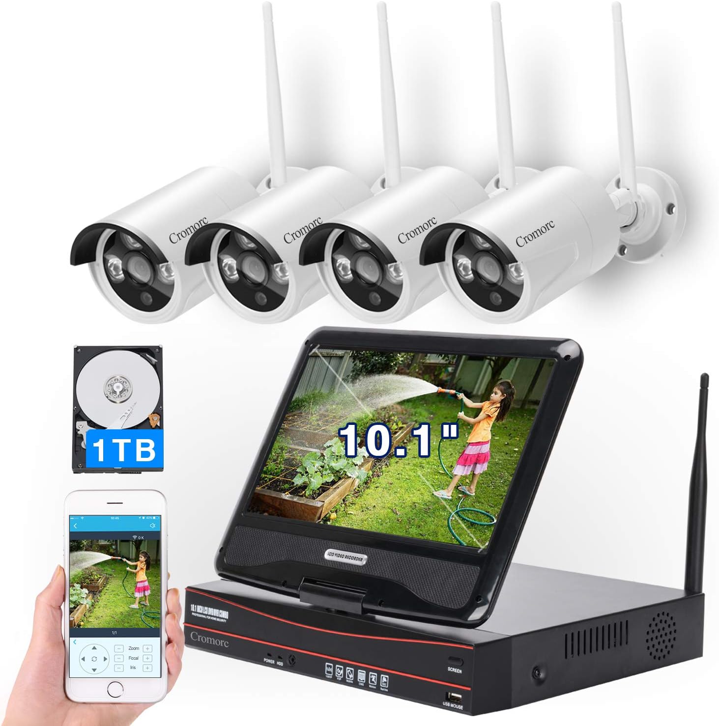 [8CH,Expandable] All in one with 10.1 Monitor Wireless Security Camera System, Cromorc Home Business CCTV Surveillance 8CH 1080P NVR, 4pcs 2MP 1080P Outdoor Indoor Night Vision Camera, 1TB Hard Drive
