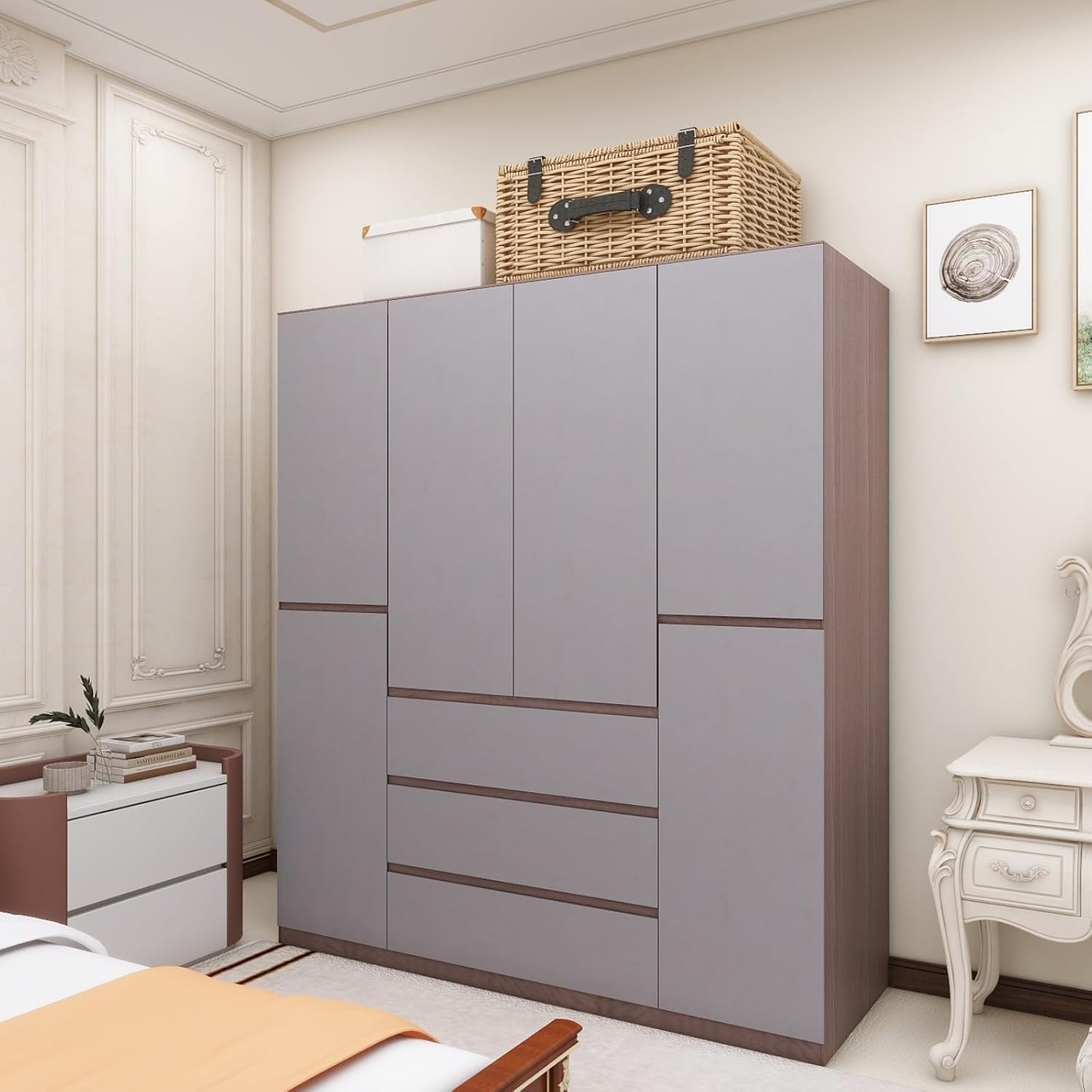 Wooden Armoire Wardrobe Closet, 4-Door 3 Drawers Gray Closet Cabinet for Large Capacity, Armoires and Wardrobes Closet for Hanging Clothes with Hanging Rod 63" L x 20.3" W x 72" H