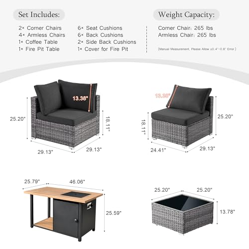 ovios 9 Piece Outdoor Wicker Patio Furniture Set with 50" Fire Table,PE Rattan Conversation Set with Swivel Chair, Sectional Sofa for Outside Balcony Backyard
