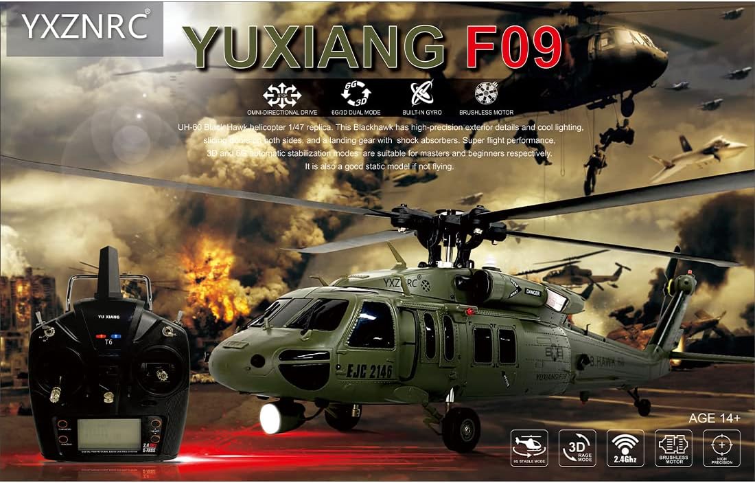 MAYS RC Helicopter for Adults, F09 1/47 2.4G 6CH Brushless Direct Drive Remote Control Military Helicopter for American UH60-Black Hawk Helicopter (RTF Edition)