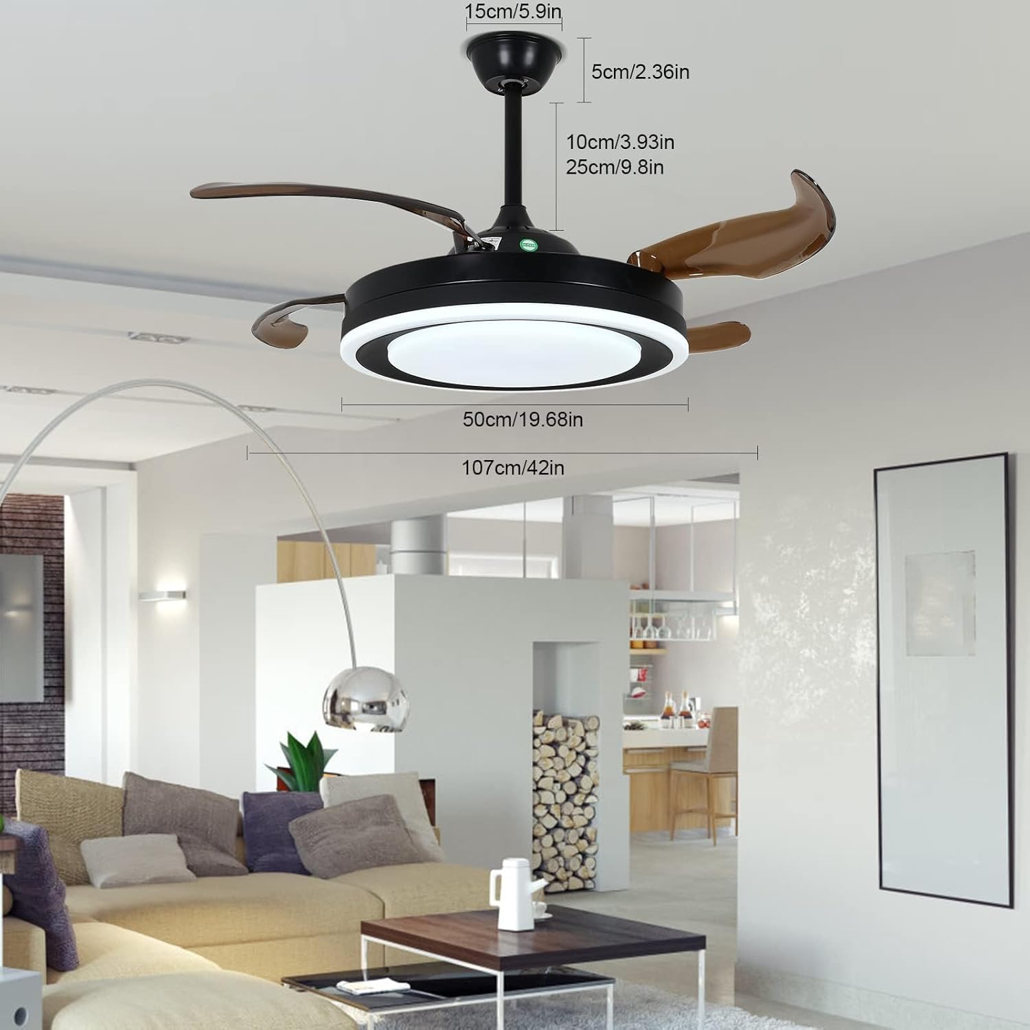 OUKANING 42 Inch Retractable Ceiling Fan, Reversible Fandelier with Lights Remote Silent Motor, 6 Speed, 3 Color Change, Timer, Chandelier for Bedroom Living Room