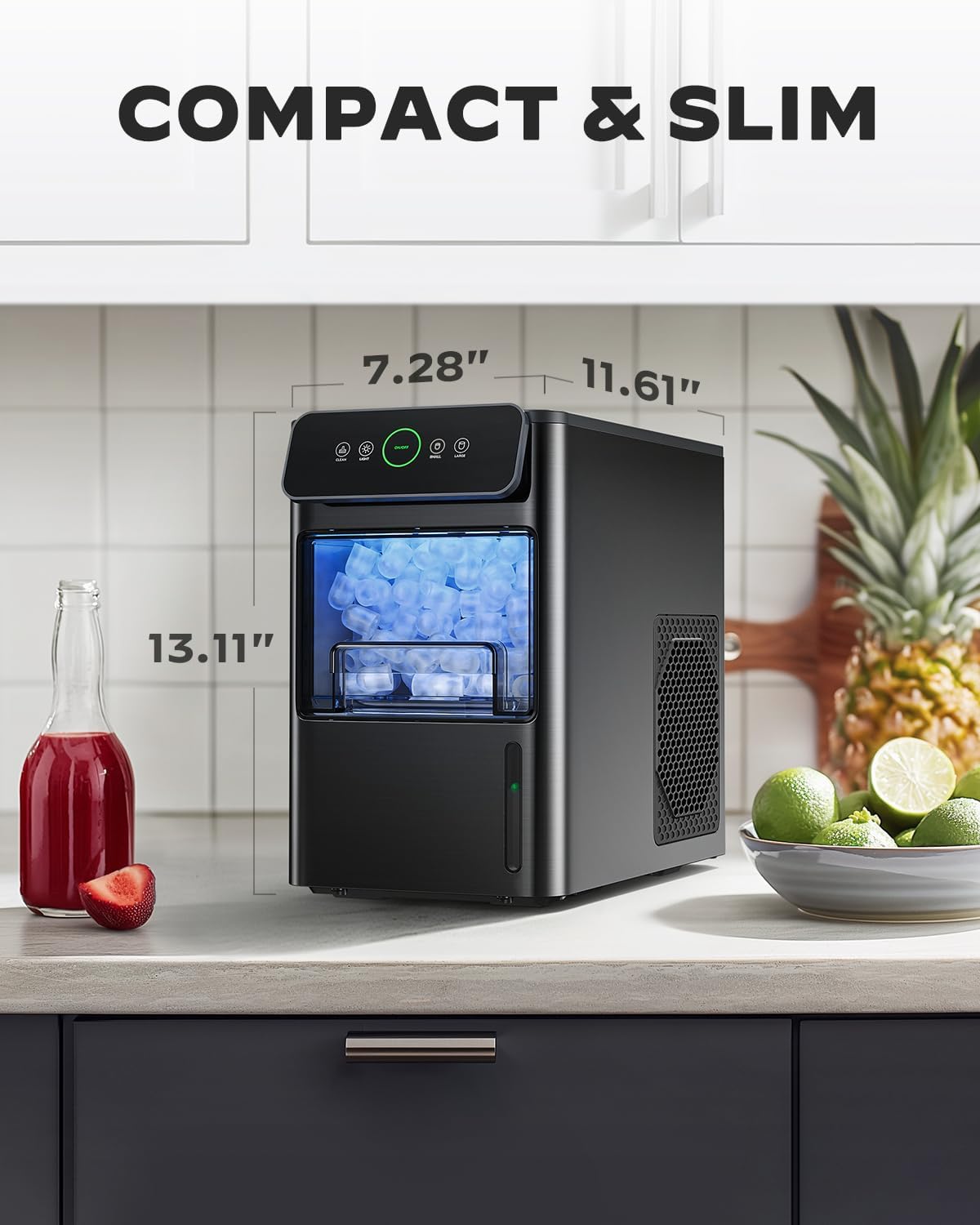 Silonn Ice Maker Coutertop Machine - Portable Ice Cube Maker, 2.6lbs Ice Basket with Bullet Ice in 6 Mins, Visible Water Level Window and Scoop, Stainless Steel, Ideal for Kitchen, Office, Camping