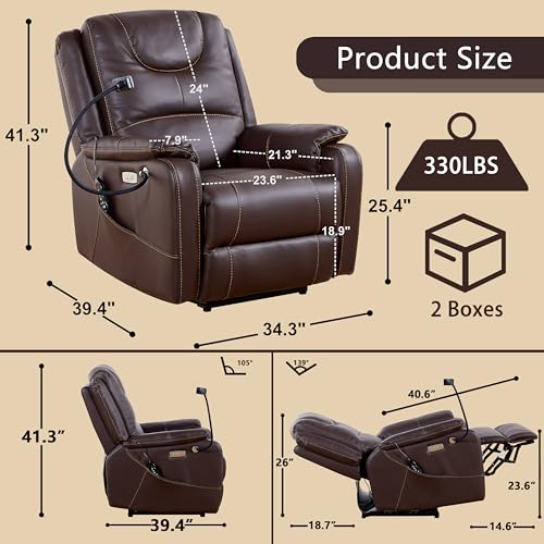 Power Zero Gravity Chair: Electric Recliner with Heat and Massage, Phone Holder for Living Room, Side Pockets, OKIN Motor, USB Port - Scratch Resistant Eco Leather Reddish Brown