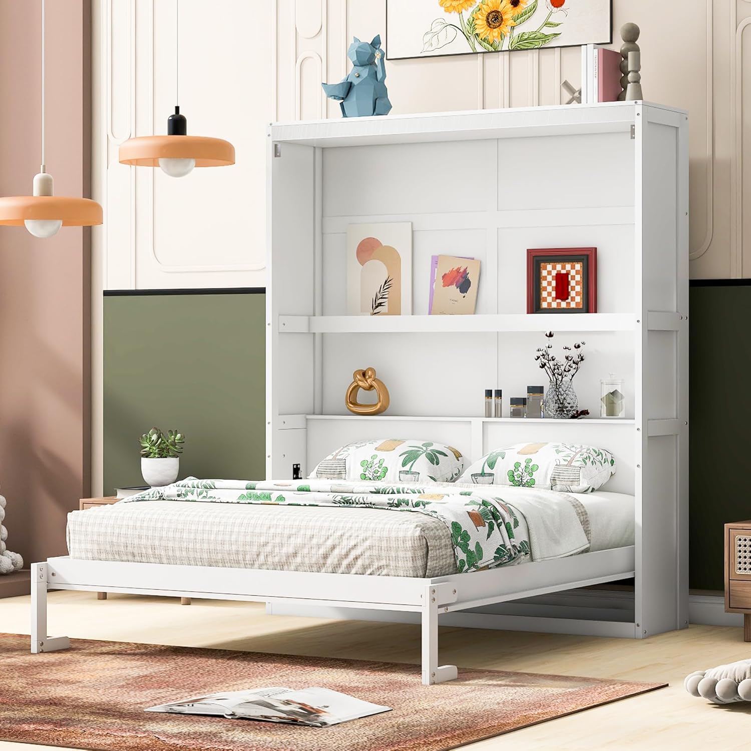 Multi-Functional Night & Day Furniture Murphy Cabinet Bed, Queen Size Murphy Bed Wall Bed with Shelves, Mobile Cabinet Bed Murphy Chest Bed, Space-Saving Folding Murphy Bed(White)