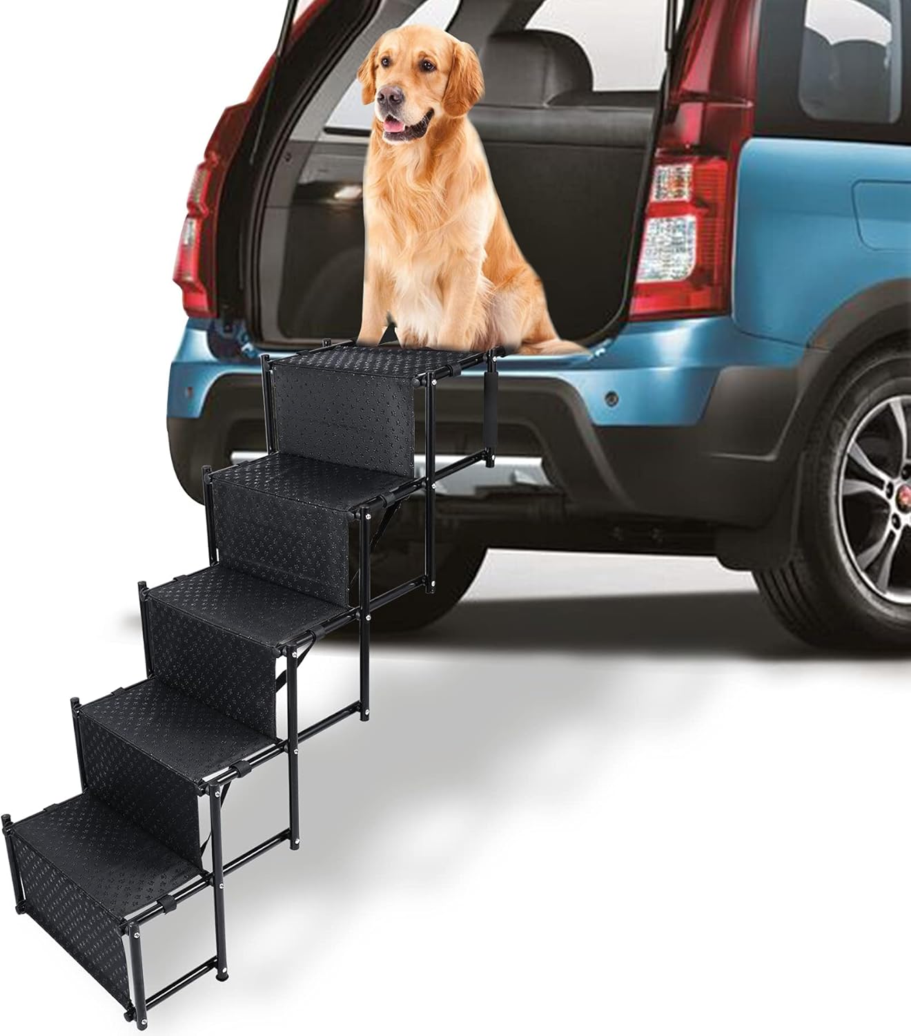 Domaker Pet Dog Car Step Stairs 30 Inches High, Sturdy Metal Fram Folding Large Dog Cat Pet Ramp for Car SUV Jeep Truck, Lightweight Portable with Shoulder Strap,Black, 5 Steps Pack of 2