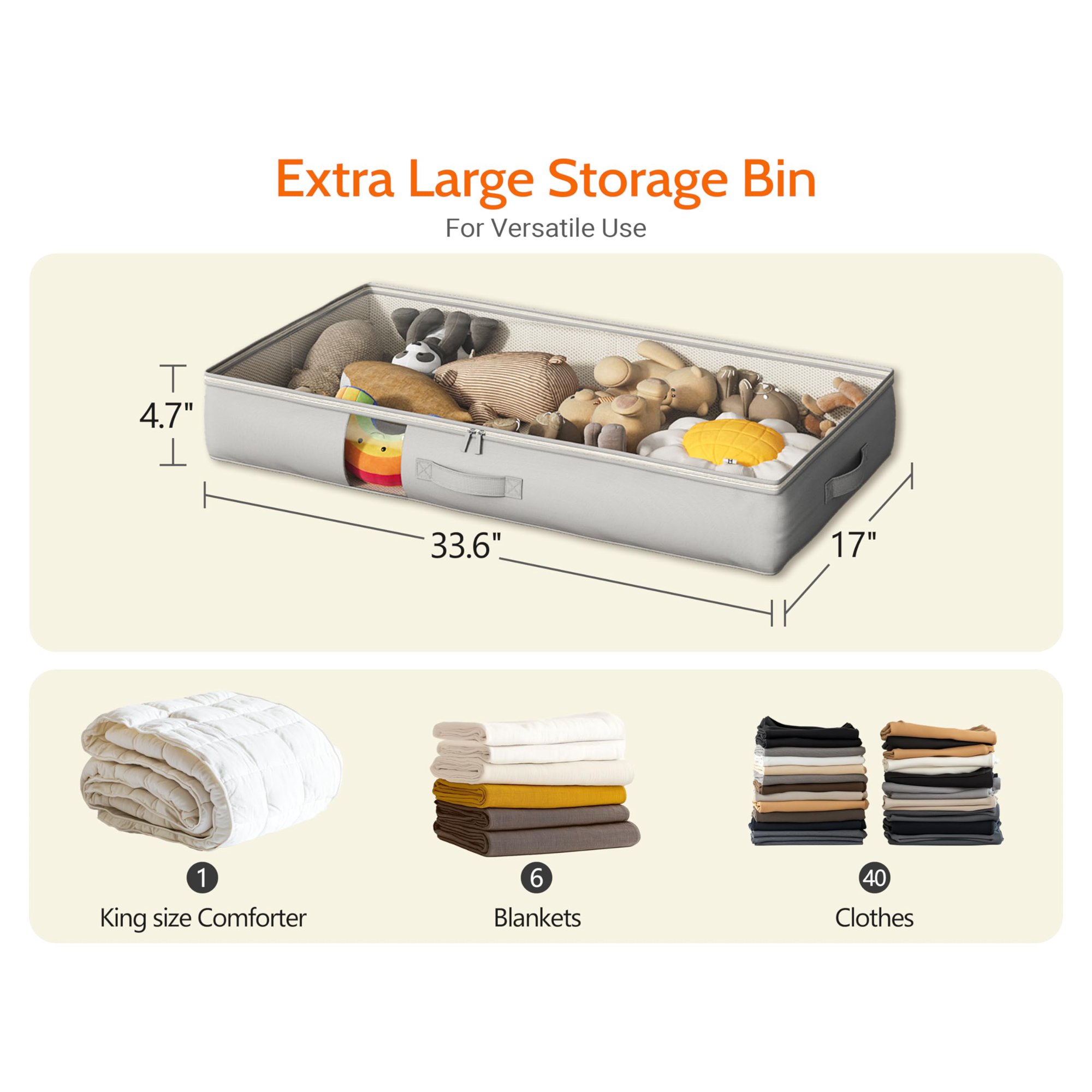 Underbed Storage Containers with View Window, Space Saving Organizer Bags for Blankets Comforters Sheets, Heavy Duty Cotton Linen Fabric, 4 Pack Grey