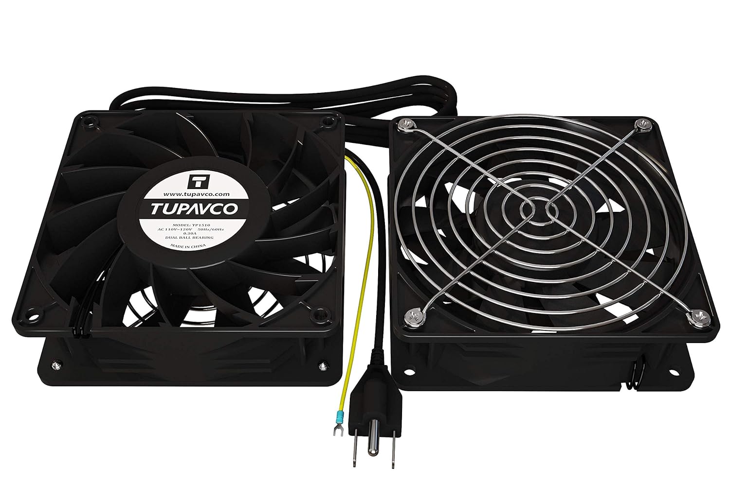 Network Cabinet Fan (Dual 2pc Kit) Server Rack Cooling (Rackmount Muffin Fans Pair 120mm 4in) 110V Cable (Extra Strong) Dual Ball for Side or Top Mount (Computer Equipment Ventilation) Tupavco TP1510