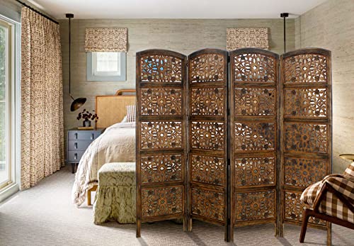 Room Divider Wood Screen - Ghanti Bells Antique Brown - 4 Panel Folding 72 x 80 - Assembled Hand Carved Decorative Functional Versatile Portable Partition Reversible Privacy Boho - COTTON CRAFT