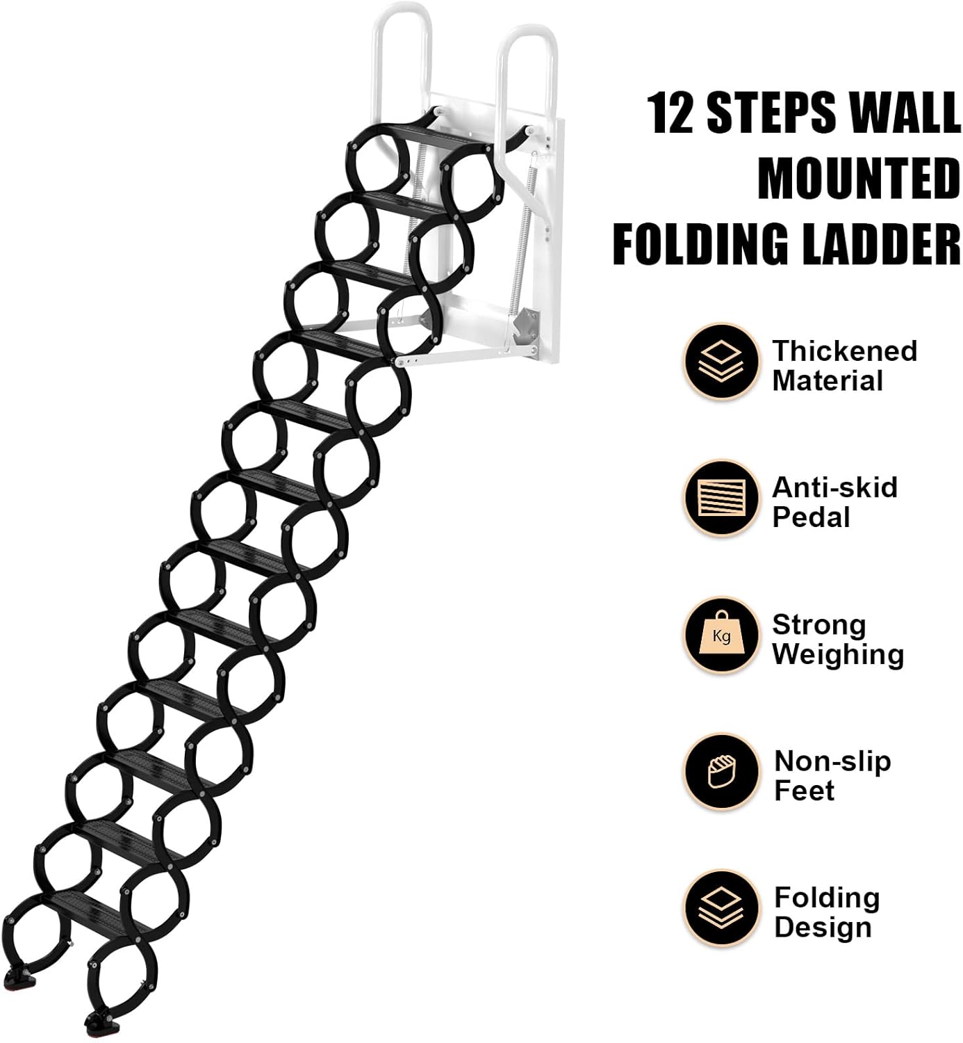 Frezon 12 Steps Wall Mounted Folding Ladder, Black Loft Attic Stairs,Pull down wall mounted attic folding staircase