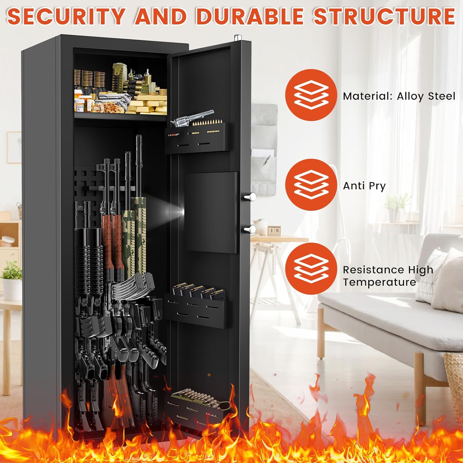 Gun Safe for 6-8 Guns, Gun Safes for Home Rifle and Pistols Fireproof, Rifle Safes for Home with Easy Set up Combination & Spare Keys, Anti-theft Lock and Alarm, Adjustable Racks, Silent Mode