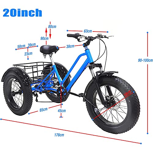 Adult Mountain Tricycle, 7 Speed Three Wheel Bikes, 20 Inch Fat Tire Adults Trikes for Women Men with Shopping Basket