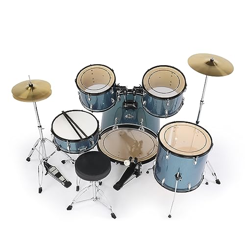 Ktaxon 22 Inch Adult Drum Set, 5-Piece Full-Size Drums Kit with Cymbal Stands, Hi-hat Stand, Sticks, Drum Pedal, Stool & Floor Tom for Beginner Teens Student (Blue)