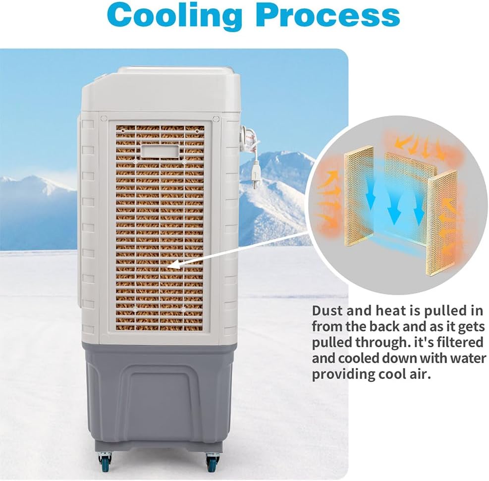 Swamp Cooler, 4188CFM Evaporative Air Cooler with 13.2 Gallon Water Tank, Remote Control, 12H Timer, 3 Modes & Speeds, 90° Oscillation, Portable 3-IN-1 Cooling Fan for Office/Room/Garage/Kitchen