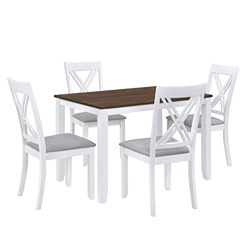 5-Piece Dining Table Set for Small Spaces, Minimalist Wood Dining Table with 4 Upholstered Chairs, Rectangular Table and 4 X-Back Chairs (Blue)