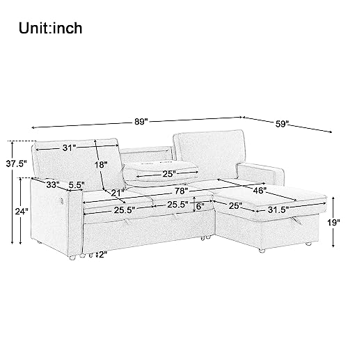 89" W Pull Out Sofa Bed, Upholstery Sleeper Sofa Couch with Storage Space, USB Port, 2 Cup Holders for Living Room - Gray