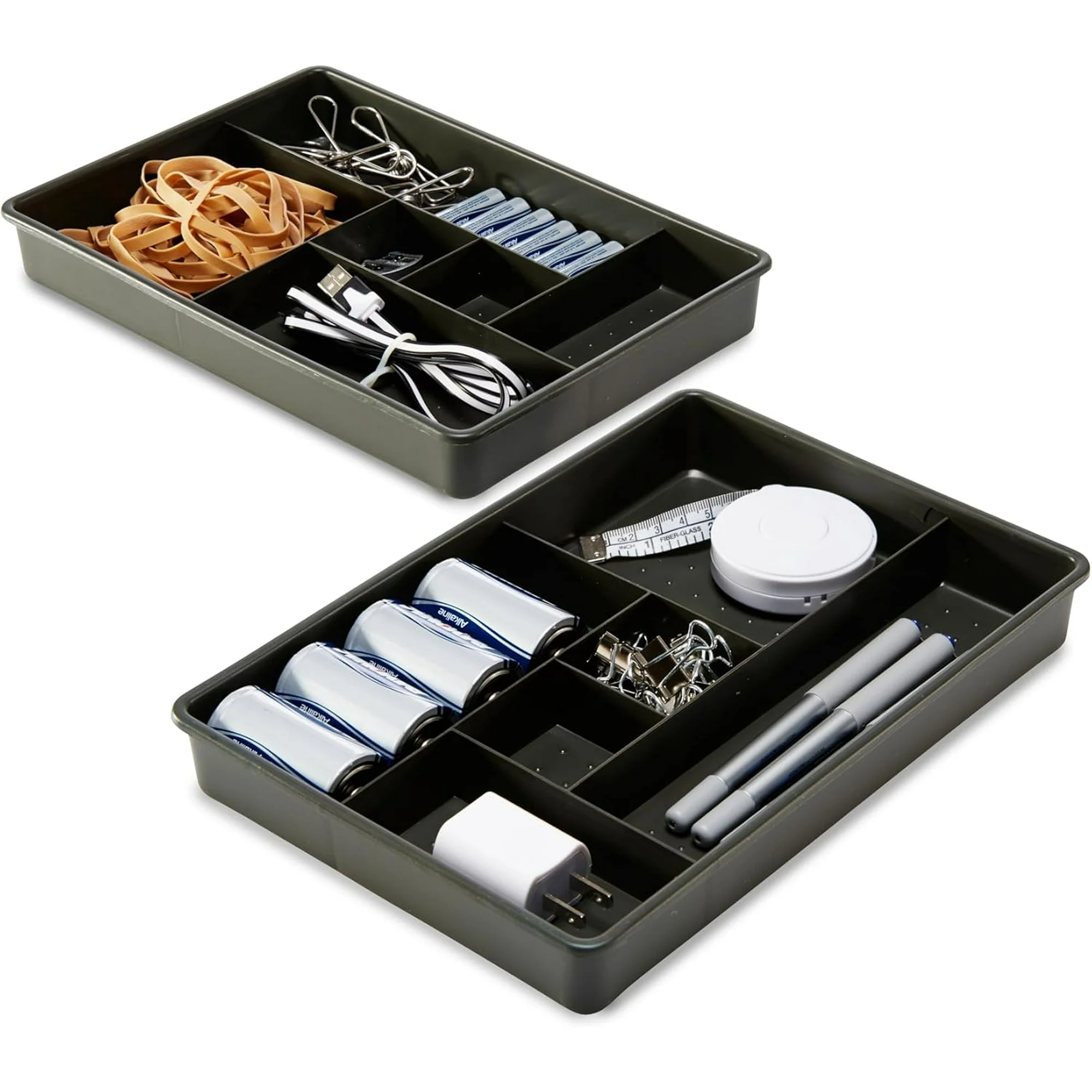 Set of 2 Plastic 6-Compartment Drawer Organizer Trays, Multipurpose Storage Bins for Drawers, Granite , 10.75 x 7.5 x 2.6 inches