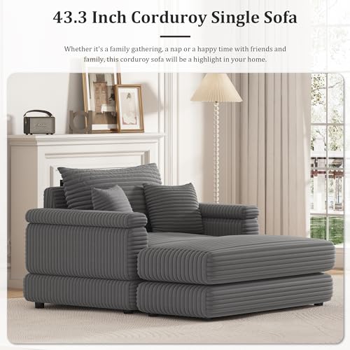 Corduroy Fabric Sofa Couch with 2 Ottomans, 86.6 Inch Width Oversize Loveseat, 3 Seater Comfy Cloud Couch for Living Room Bedroom Apartment-Grey