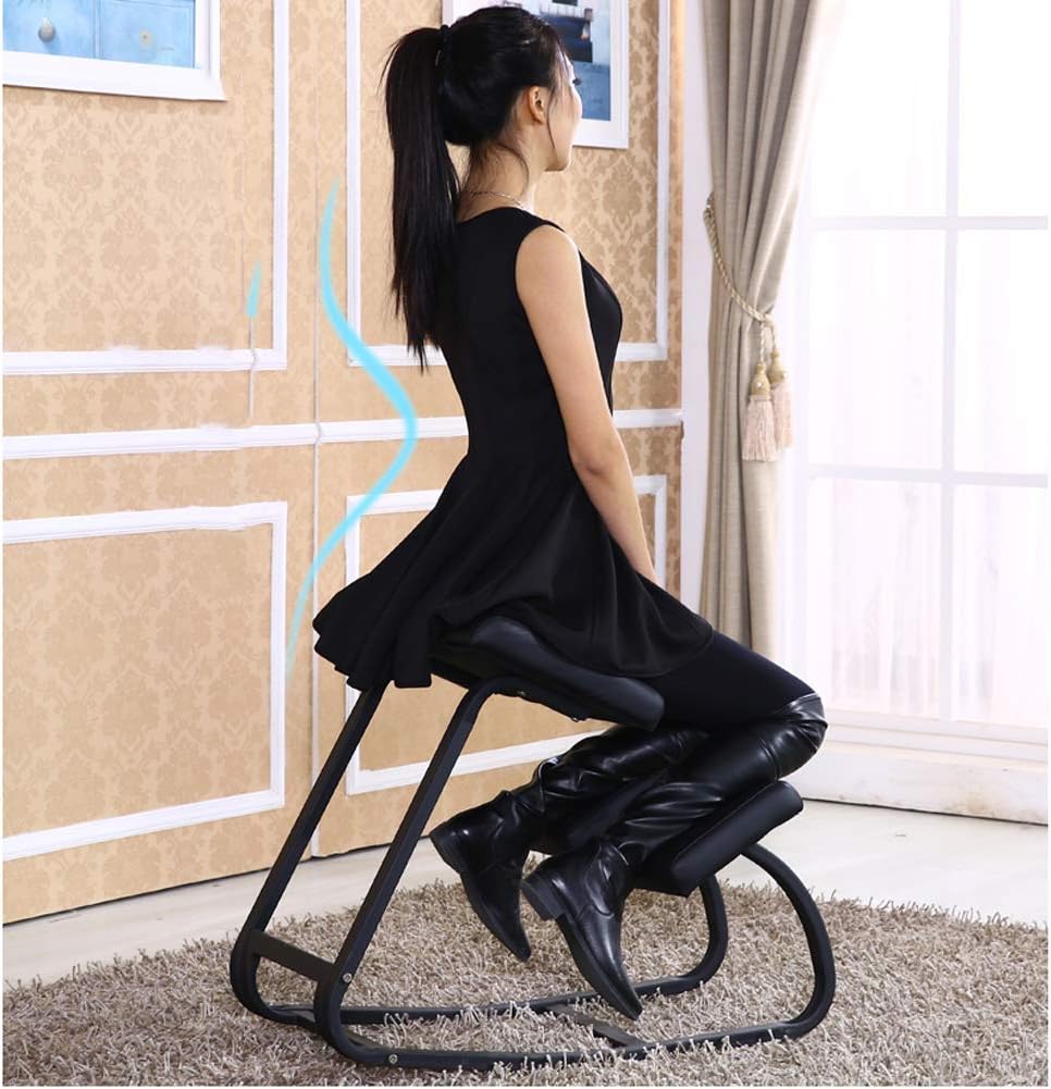 Black Leather Cushioned Rocking Kneeling Chair for Home and Office, Correct Posture Ergonomic Stool, 75 × 45 × 54cm