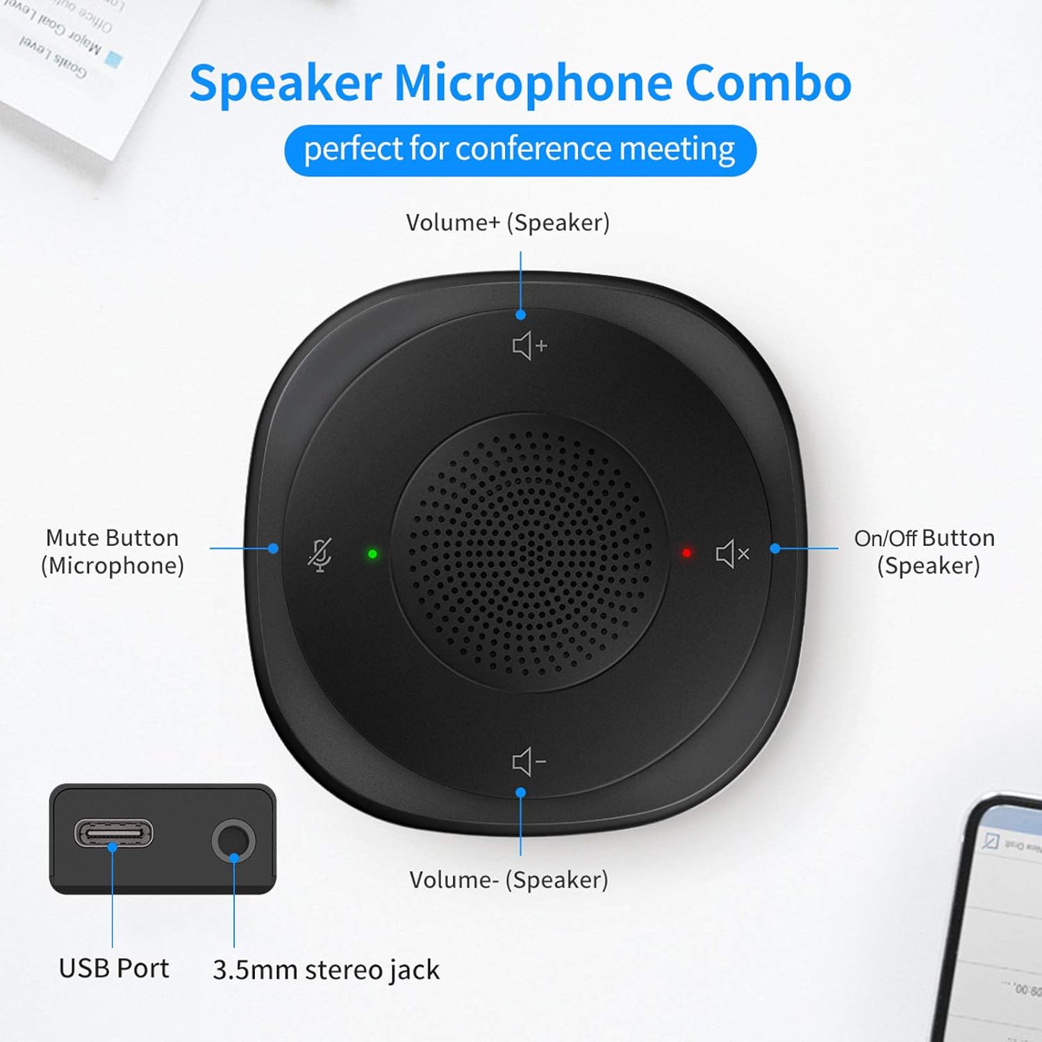 USB Speakerphone Microphone, Conference Speaker Omnidirectional Computer Mic, with 360o Voice Pickup, Touch-Sensor Buttons for Mute/unmute, Streaming, Call Speaker Skype, Webinar, Interview -(JV801)