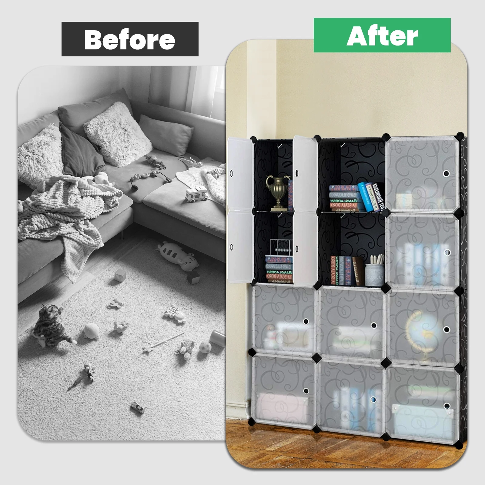 12-Cube DIY Portable Closet Cube Organizers, Plastic Bookshlef Wardrobe Cabinet Storage Organizer W/Doors, Display Storage System DIY Bookshelf Organizer Shelves Plastic Storage Cube