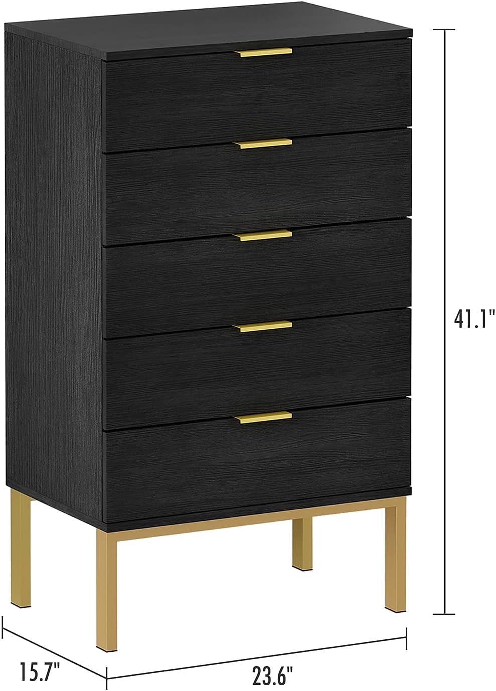 Homsee Modern Dresser Storage Chest with 5 Drawers, Wood Dresser Chest with Gold Metal Legs and Handles for Bedroom, Living Room & Hallway, Black (23.6”L x 15.7”W x 41.1”H)