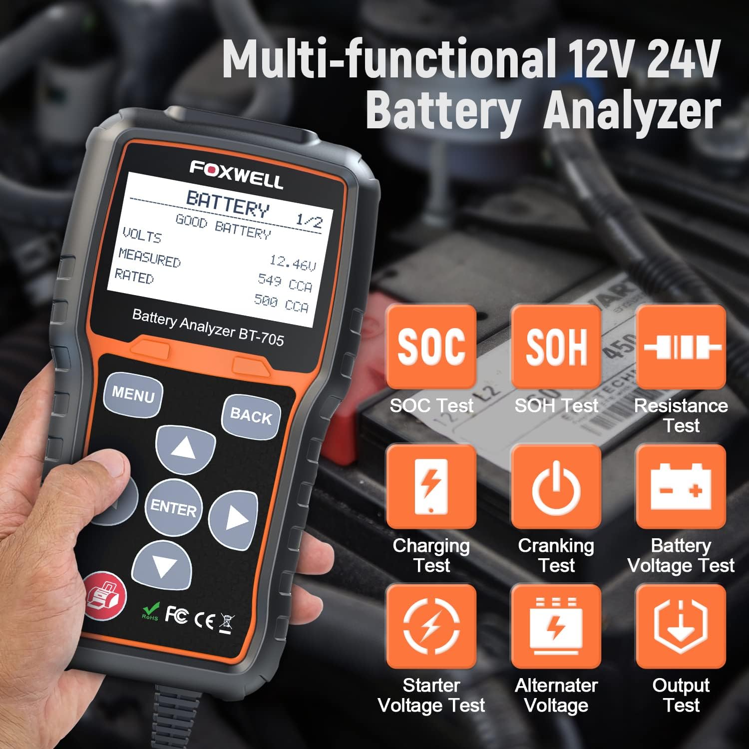 FOXWELL BT705 12V 24V Car Battery Tester Automotive 100-2000 CCA Battery Load Tester Auto Cranking and Charging System Test Scan Tool Digital Battery Alternator Analyzer for Vehicle, Heavy Duty Truck