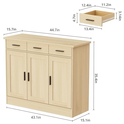 43.3" W Oak Buffet Cabinet, Coffee Bar Cabinet with 3 Drawers & 3 Doors, Kitchen Buffet Sideboard for Living Room, Kitchen