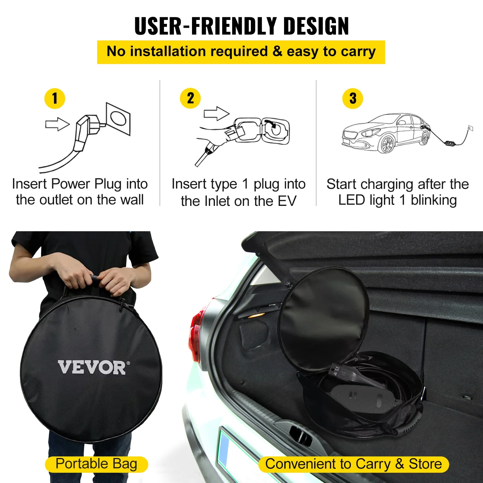 VEVOR Level 2 EV Charger, 16 Amp 110V-240V 3.84 kW, Portable Electric Vehicle Charger with 25 ft Charging Cable NEMA 6-20 Plug, SAE J1772 Standard Plug-in Home EV Charging Station for Electric Cars
